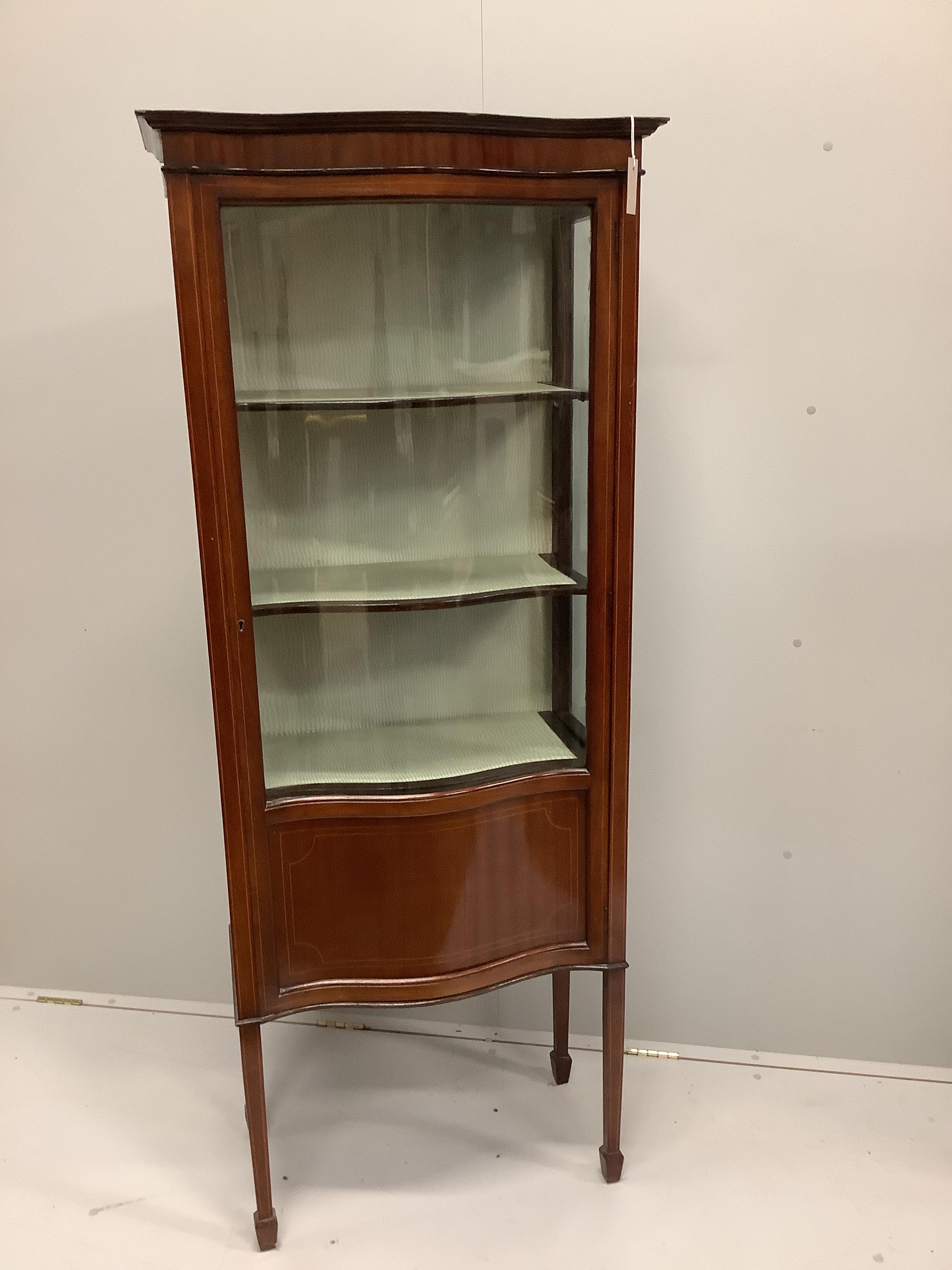 An Edwardian satinwood strung serpentine mahogany display cabinet, width 71cm, depth 39cm, height 176cm